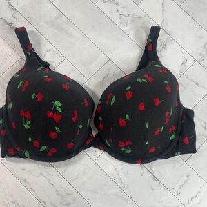 NWOT Cacique Lane Bryant Womans Push-Up Bra Black Red Cherry Heart UNDERWIRE 46D